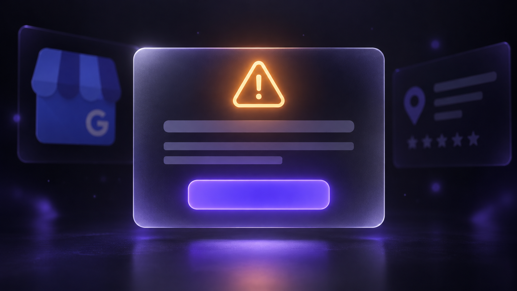 A frosted glass suspension alert card floating in the dark with an amber warning icon and a glowing violet reinstatement button below it