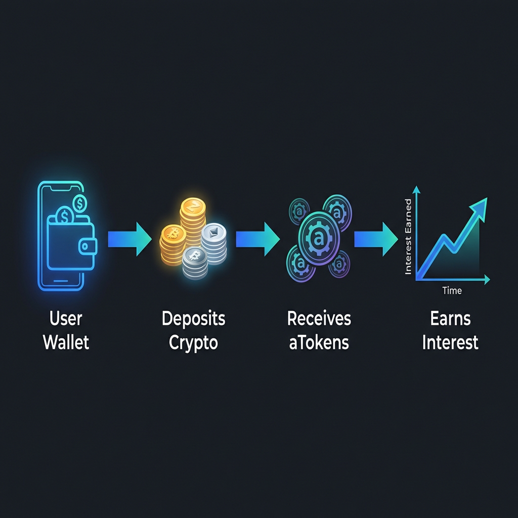 Aave DeFi lending flow diagram showing deposit to aTokens and interest accrual