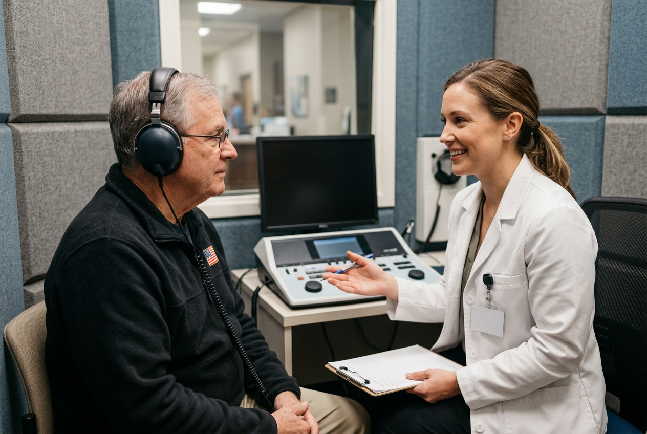 An audiologist and a veteran seated together in a sound-treated audiology booth during a hearing evaluation