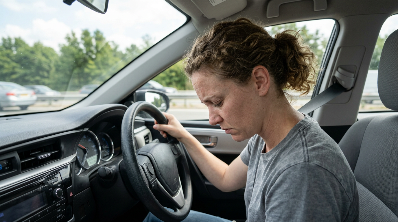 A young woman veteran with heavy eyes struggling to stay awake while driving, her hand gripping the steering wheel tightly