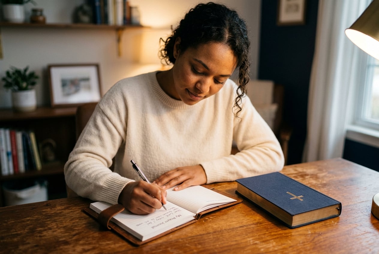 A young adult writing privately in a prayer journal at a desk, a Bible beside the journal