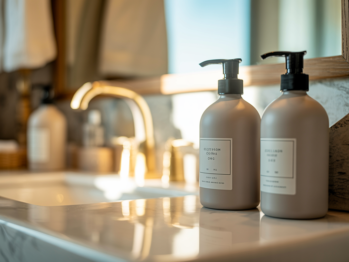 StayWorthy amenity bottles close-up showcasing elegant matte finish and modern label design
