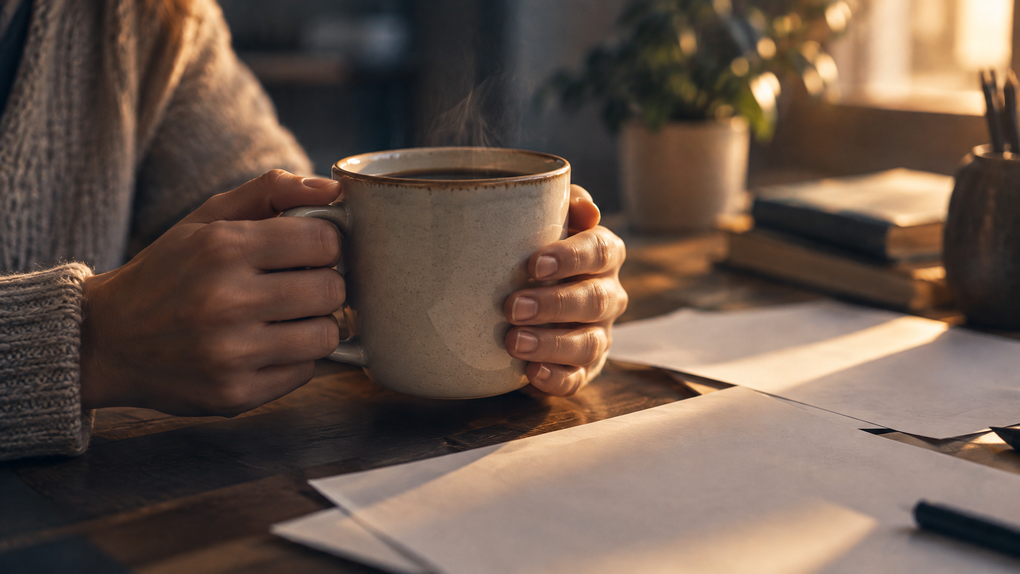 Mãos com xícara de café sobre papéis espalhados