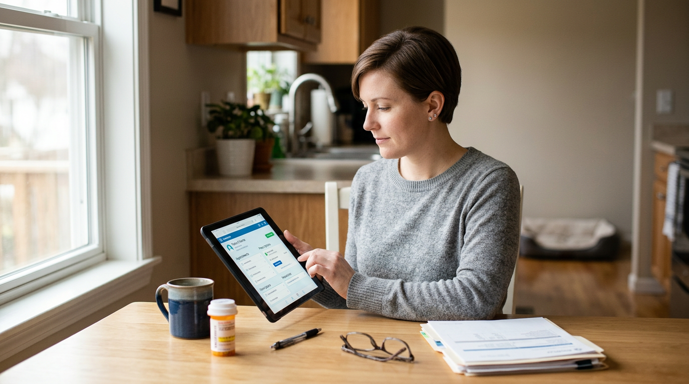 A veteran reviewing her VA medical and prescription records on a tablet