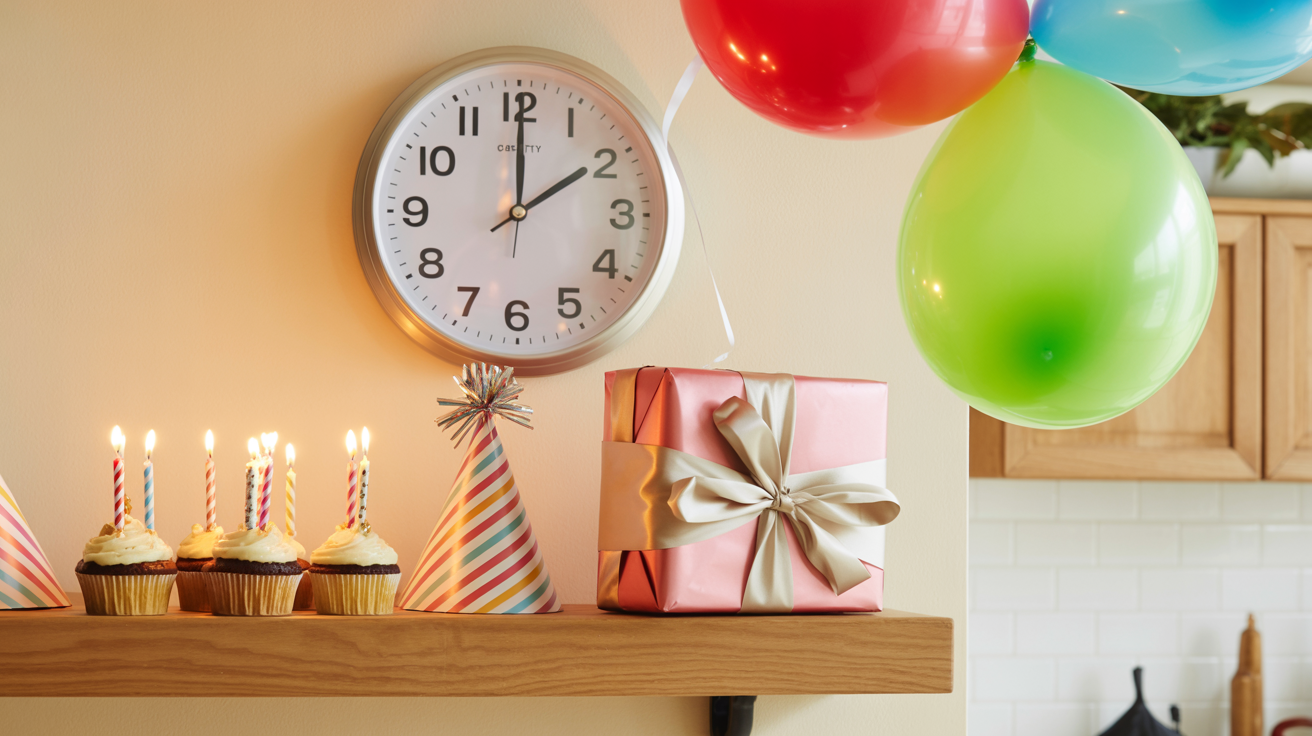 White kitchen wall clock surrounded by cupcakes, party hats and balloons for a children's party timeline