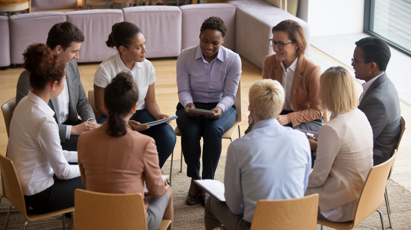 Group coaching session with diverse professionals in a collaborative setting