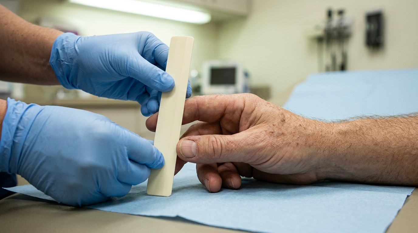 Close-up of a clinician using a plain ruler to measure the gap between a veteran thumb pad and fingertips during a hand examination