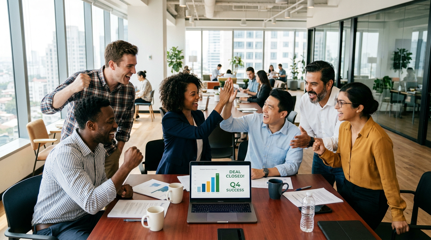 The Northwind Logistics sales team celebrating a closed deal around a laptop