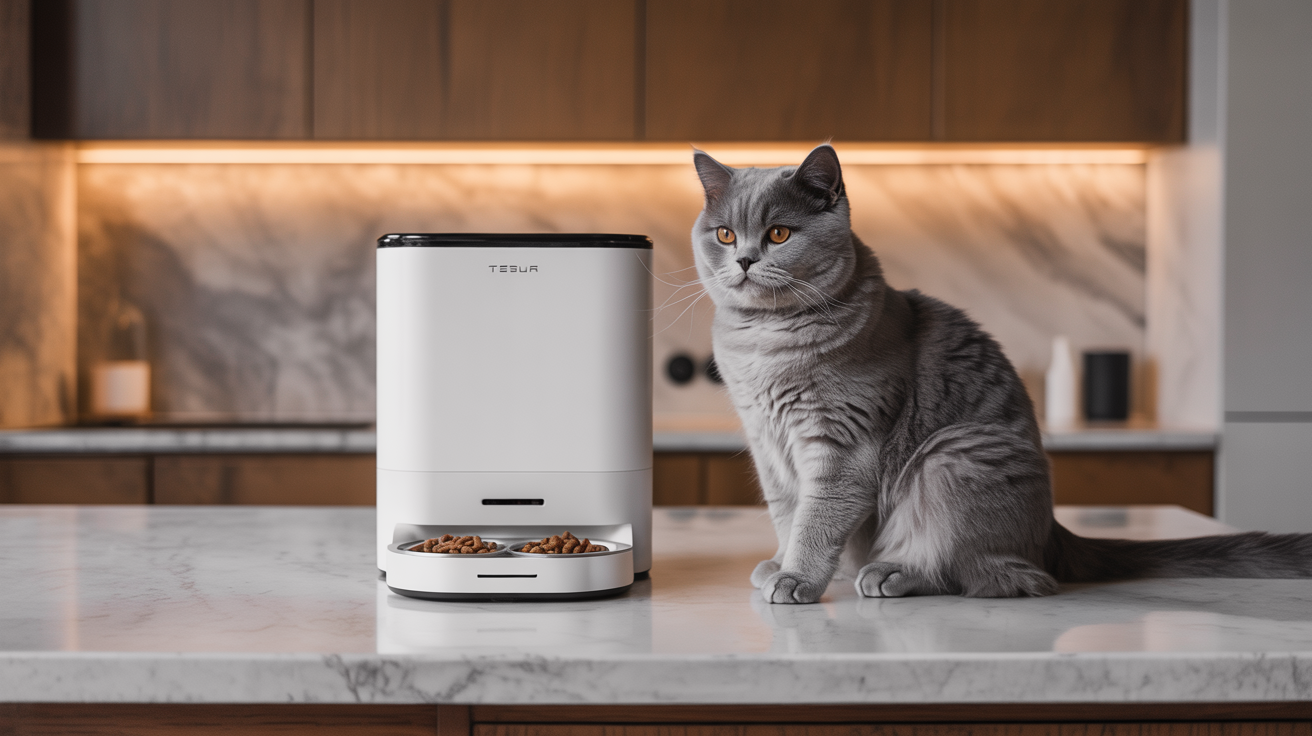 British Shorthair cat next to Vessel smart automatic feeder in luxury home