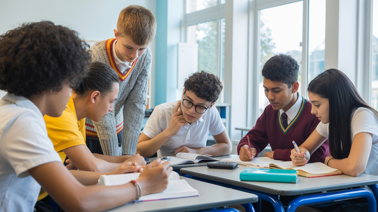 Diverse group of secondary school students studying maths together in a bright modern classroom
