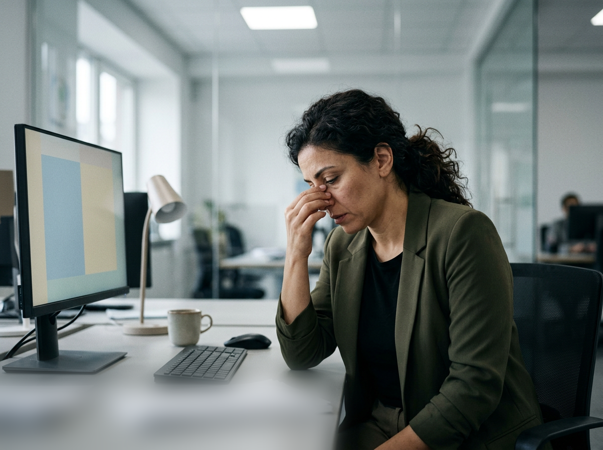 Middle Eastern female veteran in her 40s at an office desk looking congested and fatigued while struggling to work through rhinitis symptoms