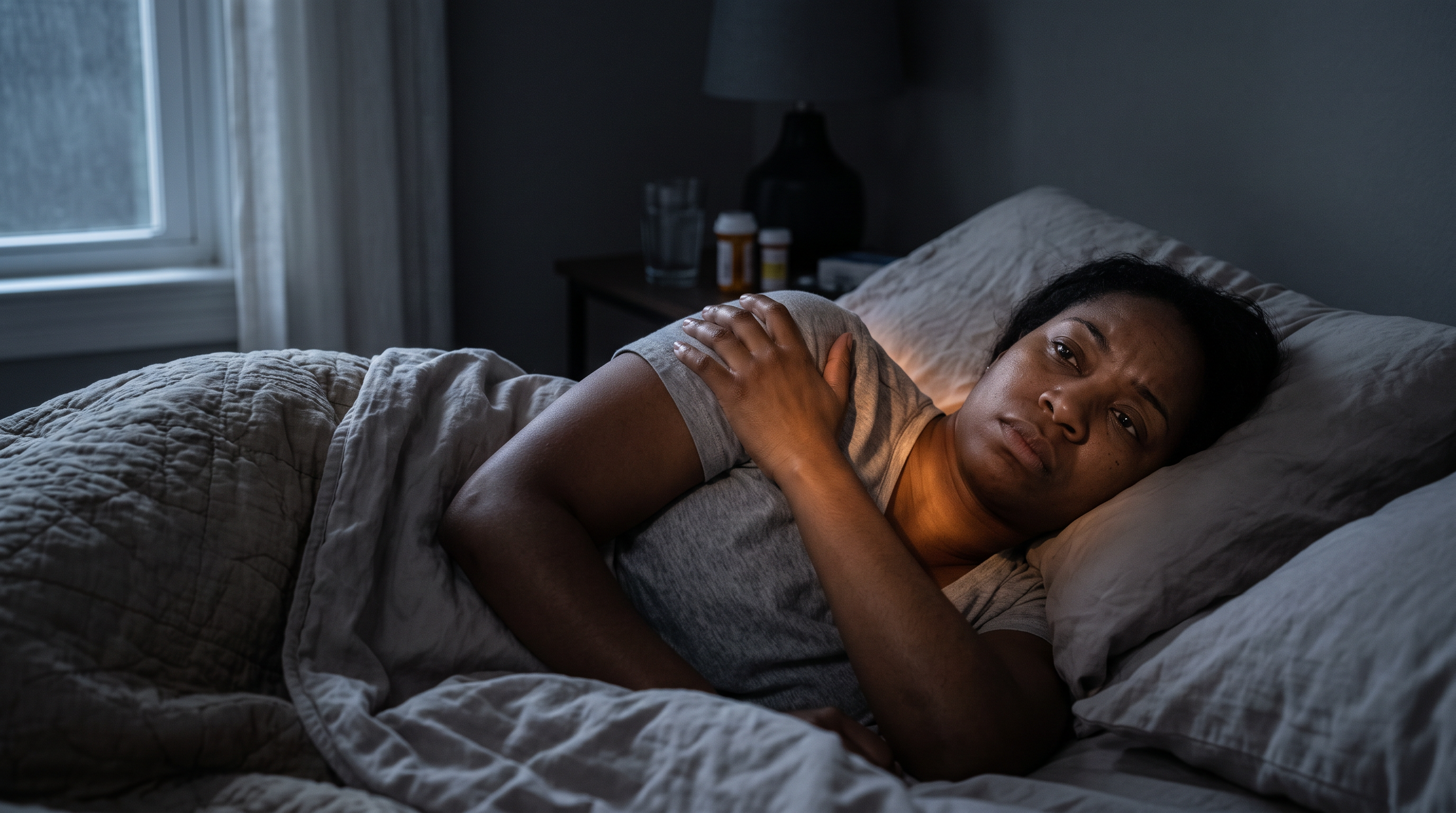 A Black woman in her thirties lying awake at night holding her aching arm, prescription bottles on the nightstand, an amber overlay tracking the nerve down the arm