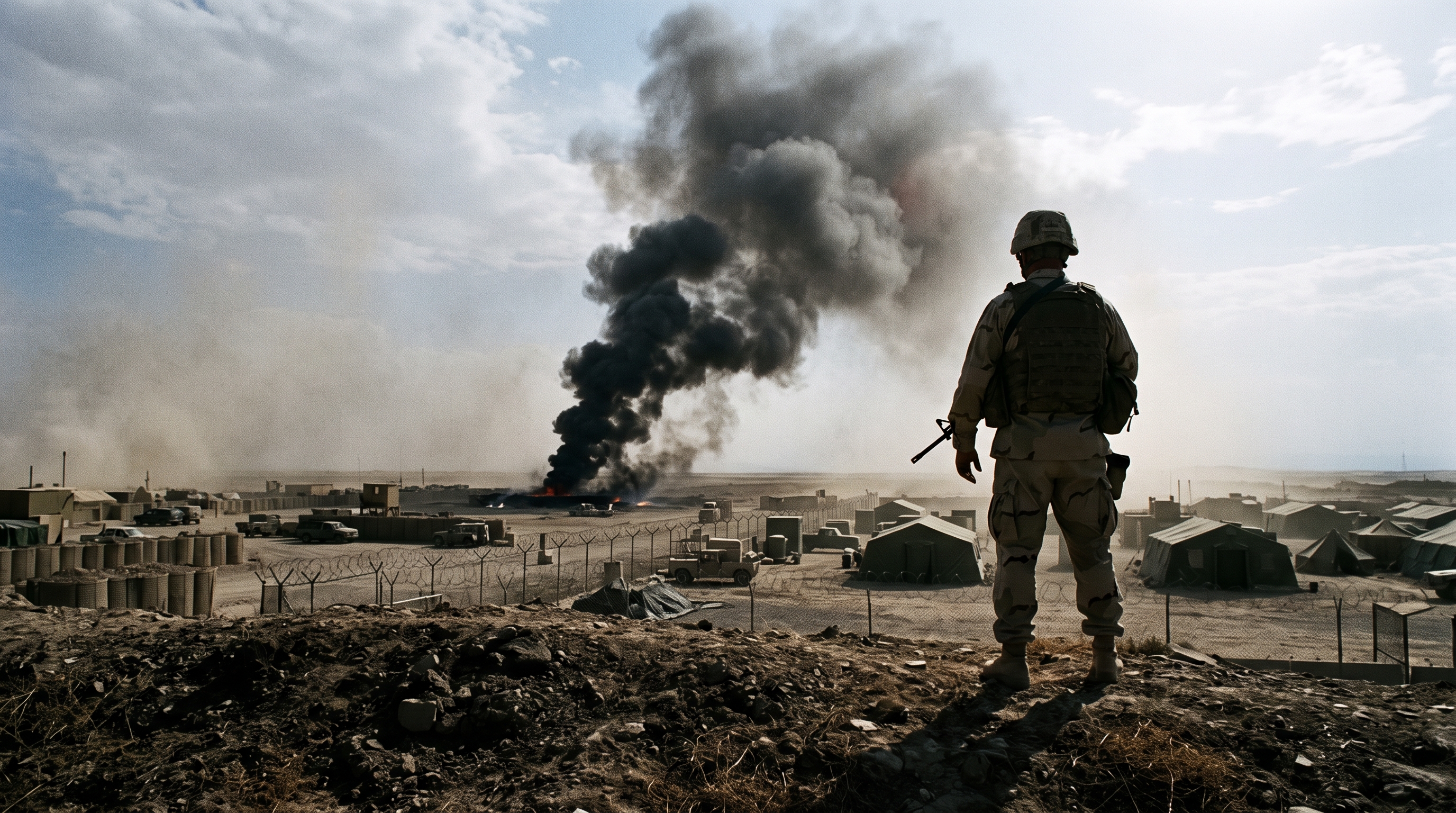 A lone soldier silhouetted against thick black smoke rising from a desert burn pit
