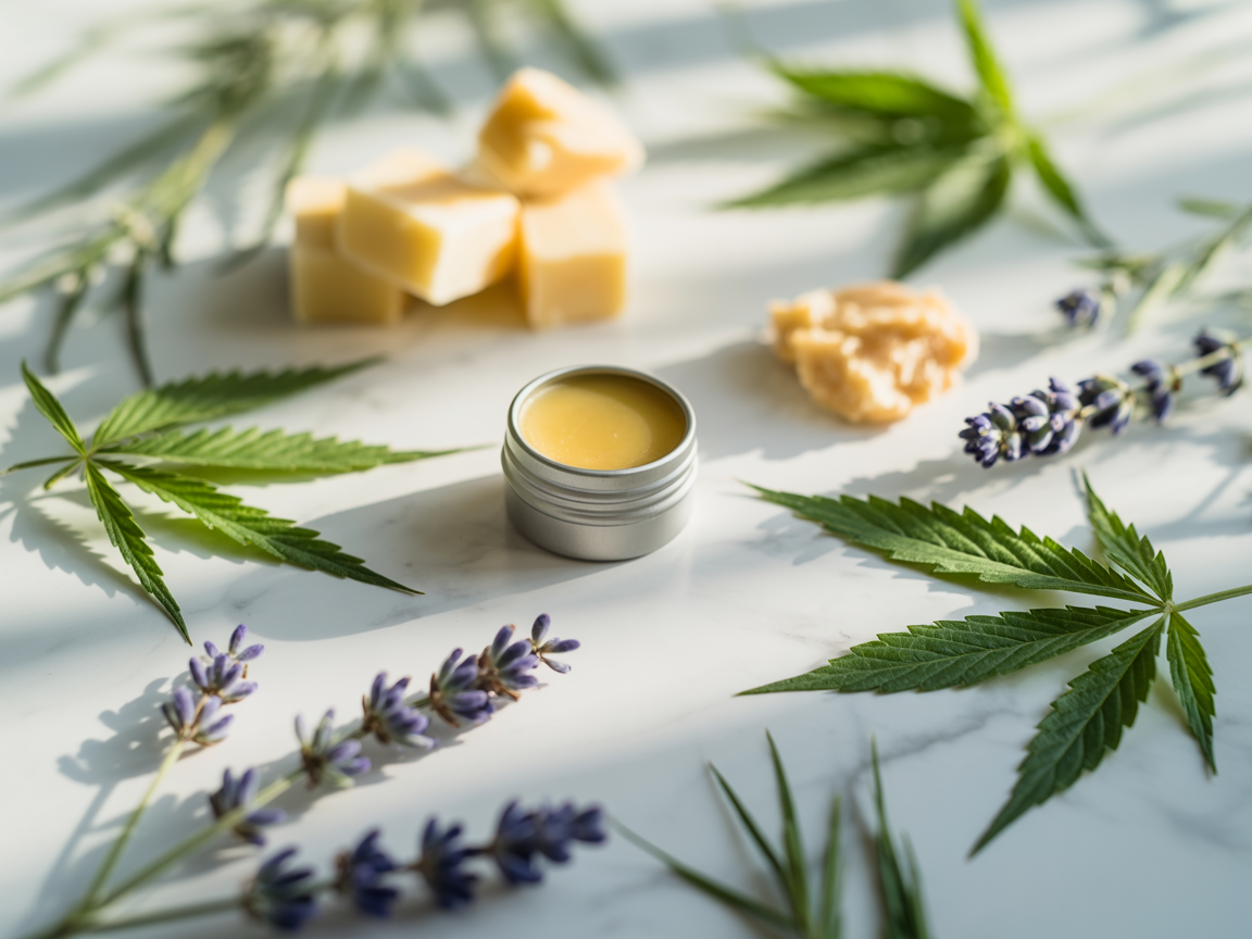 CBD lip balm product flat lay with hemp leaves and natural ingredients on white marble surface