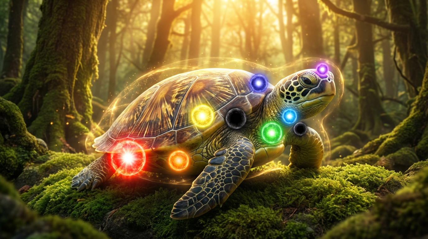 Kornjača sa vidljivim čakrama duž tela i oklopa. Čakre kod kornjače energija kornjača balans energije životinja spor protok energije čakre