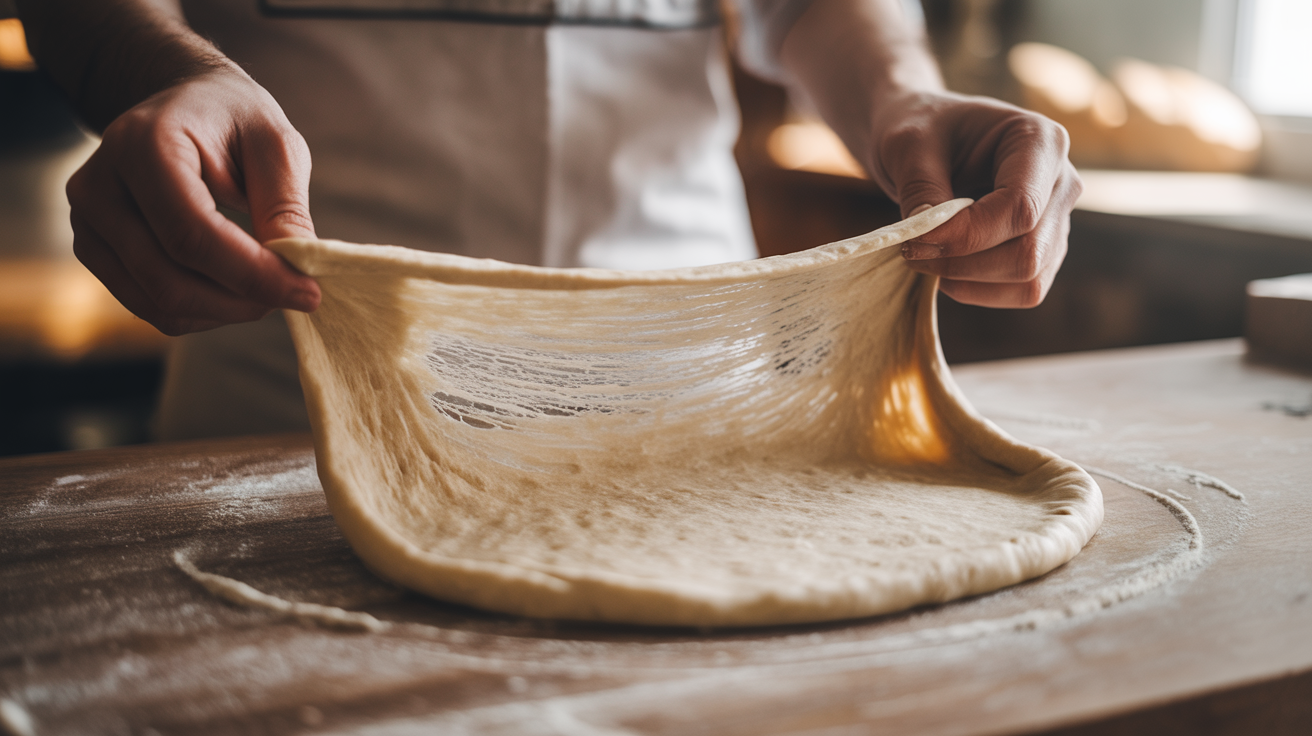 Overhead close-up of translucent sourdough sheet being laminated on floured wood counter