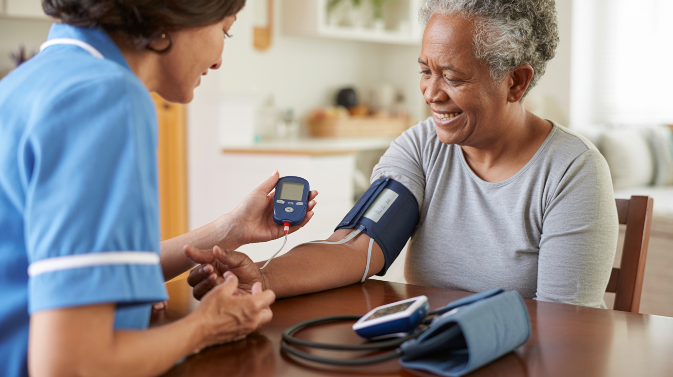 Chronic Disease Management | Diabetes & Heart Disease Care Los Angeles Nurse checking blood glucose levels for elderly diabetic patient at home - chronic disease monitoring and management in Los Angeles