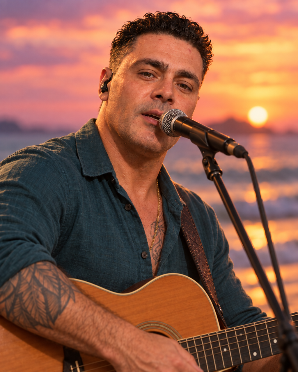 JAH.I cantando ao pôr do sol na praia com o violão