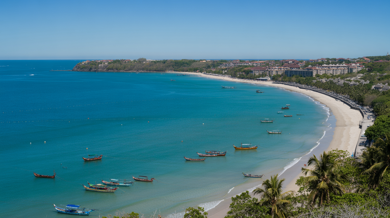 Panoramic view of Jimbaran Bay Bali showing the sweeping curved coastline with white sand beach, turquoise water, fishing boats, and luxury resort buildings