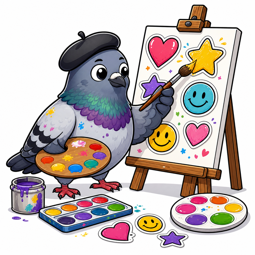 A creative pigeon character choosing from a diverse palette of expressive stickers reflecting personal style