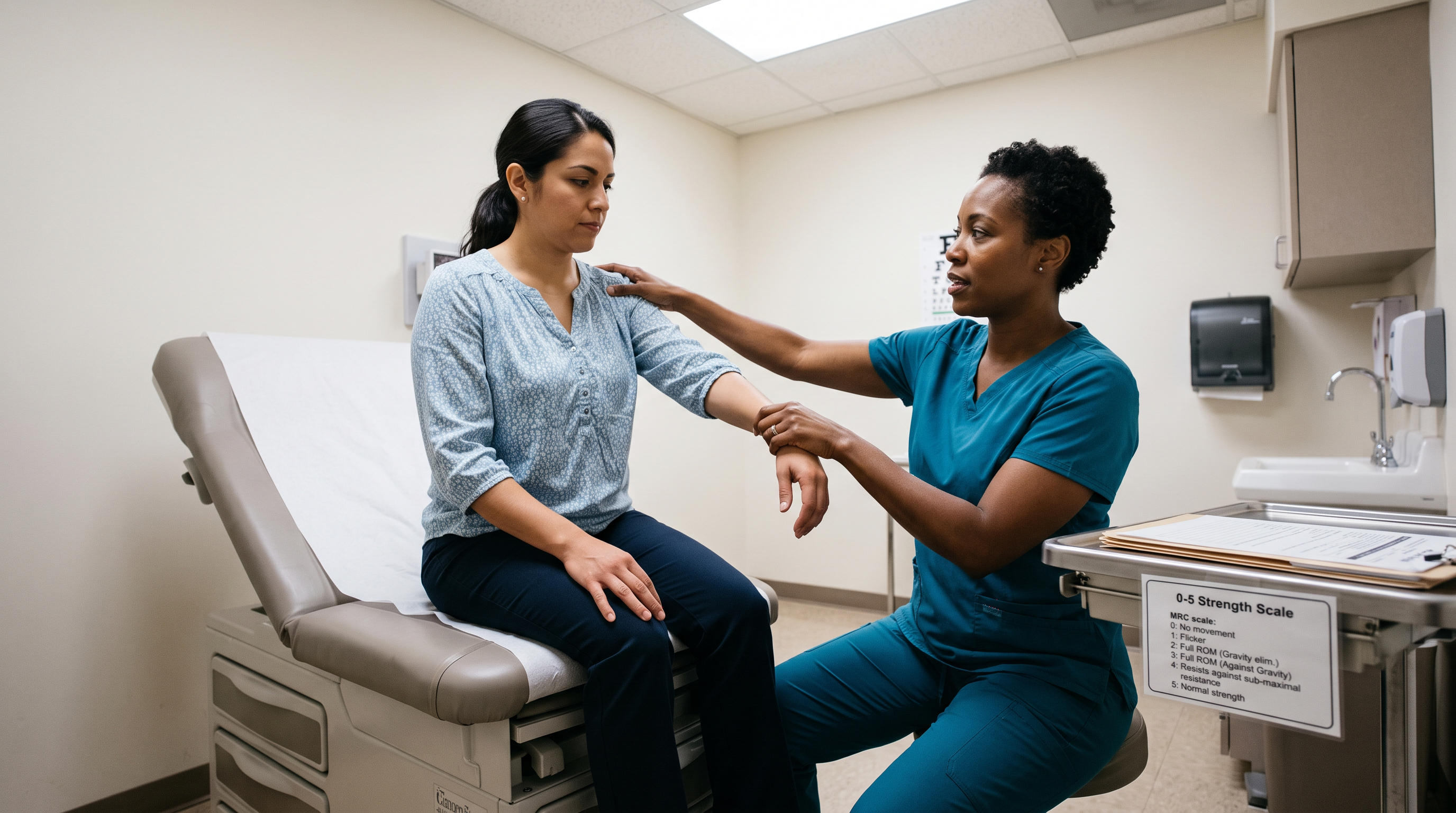 A Black clinician performing manual muscle testing on a Hispanic woman patient's arm, resisting elbow flexion with a 0-to-5 strength-scale label overlay