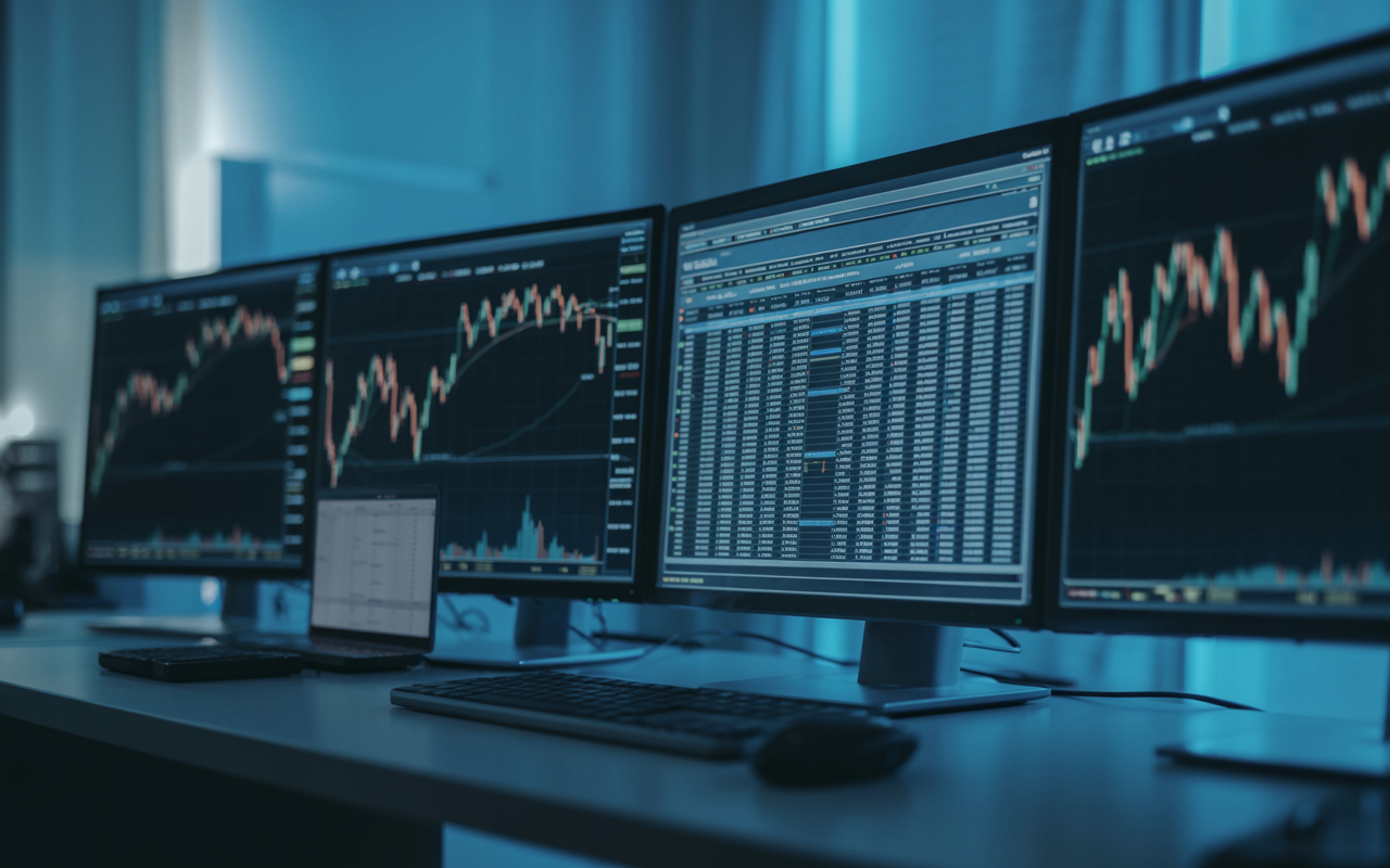 Escritorio de trader con varios monitores mostrando gráficos financieros y un reporte