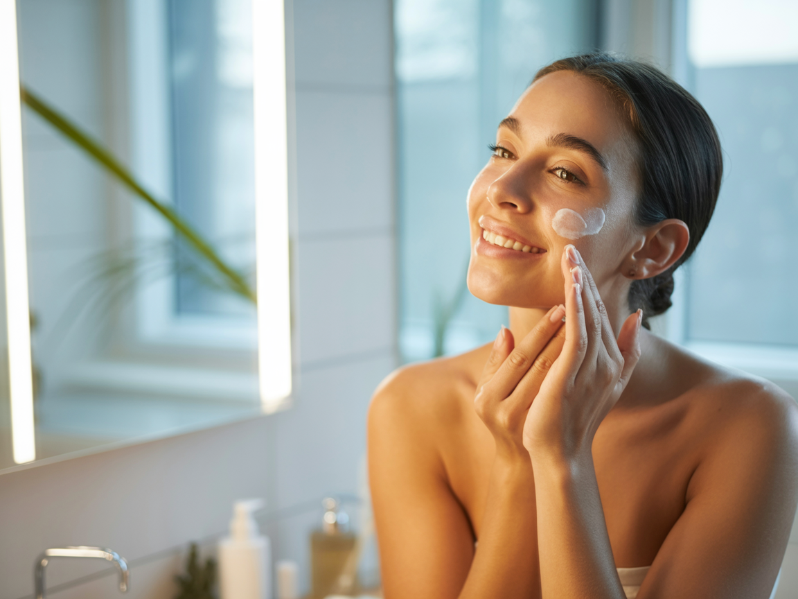 Mujer realizando su rutina de cuidado personal con productos Ishö