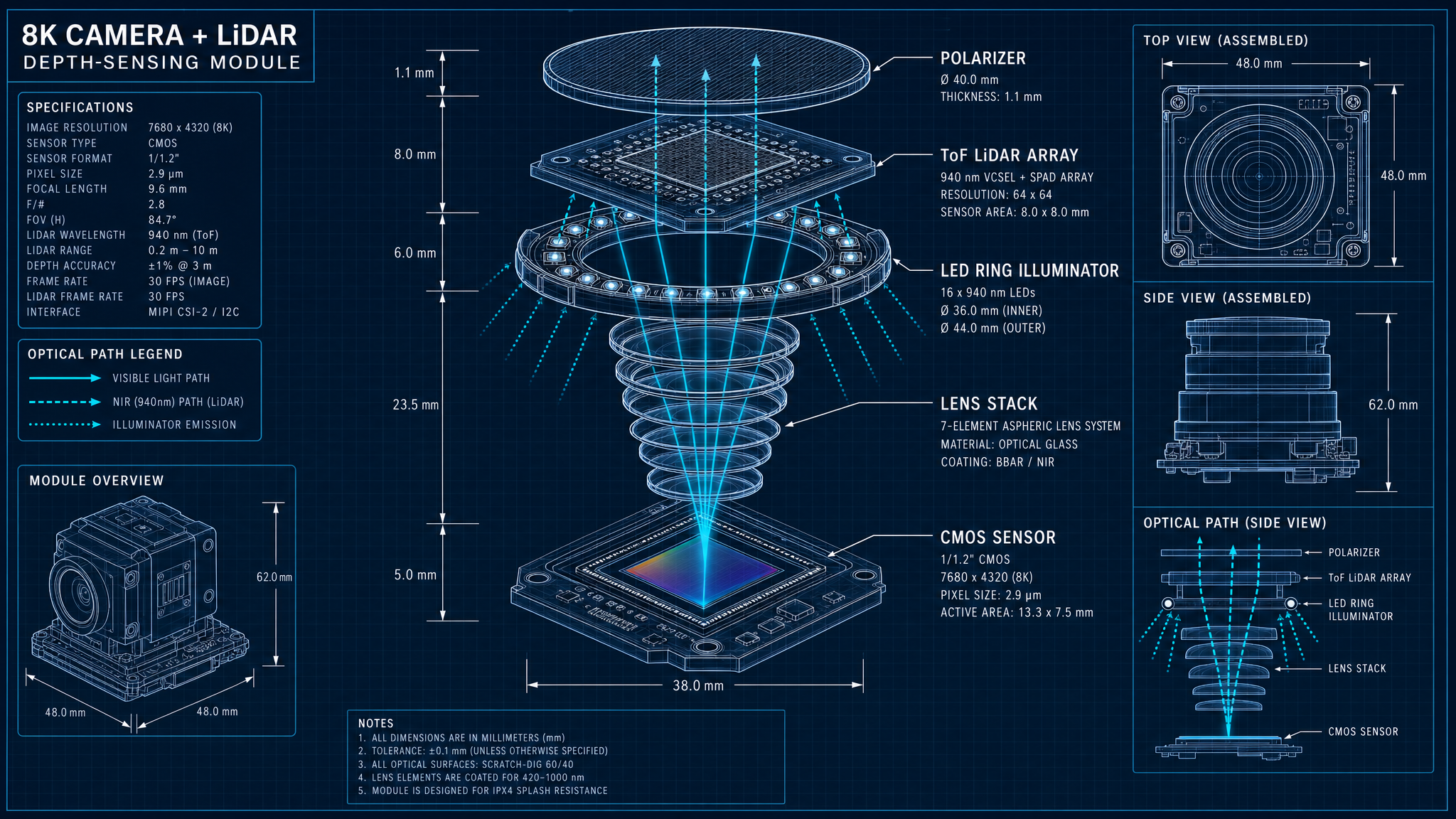 8K camera and LiDAR depth-sensing module exploded schematic