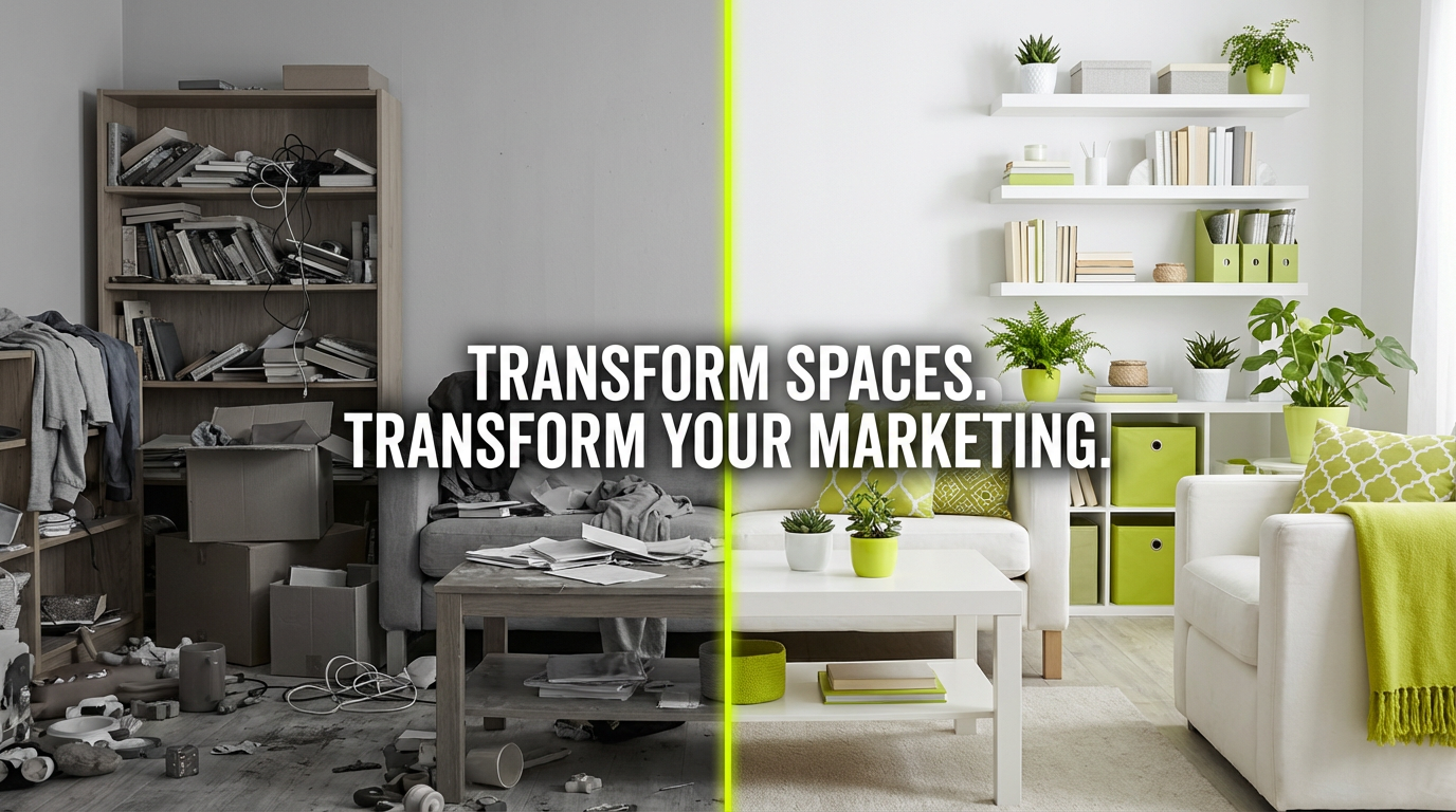 Before and after split screen of a home space transformation with text reading Transform Spaces Transform Your Marketing