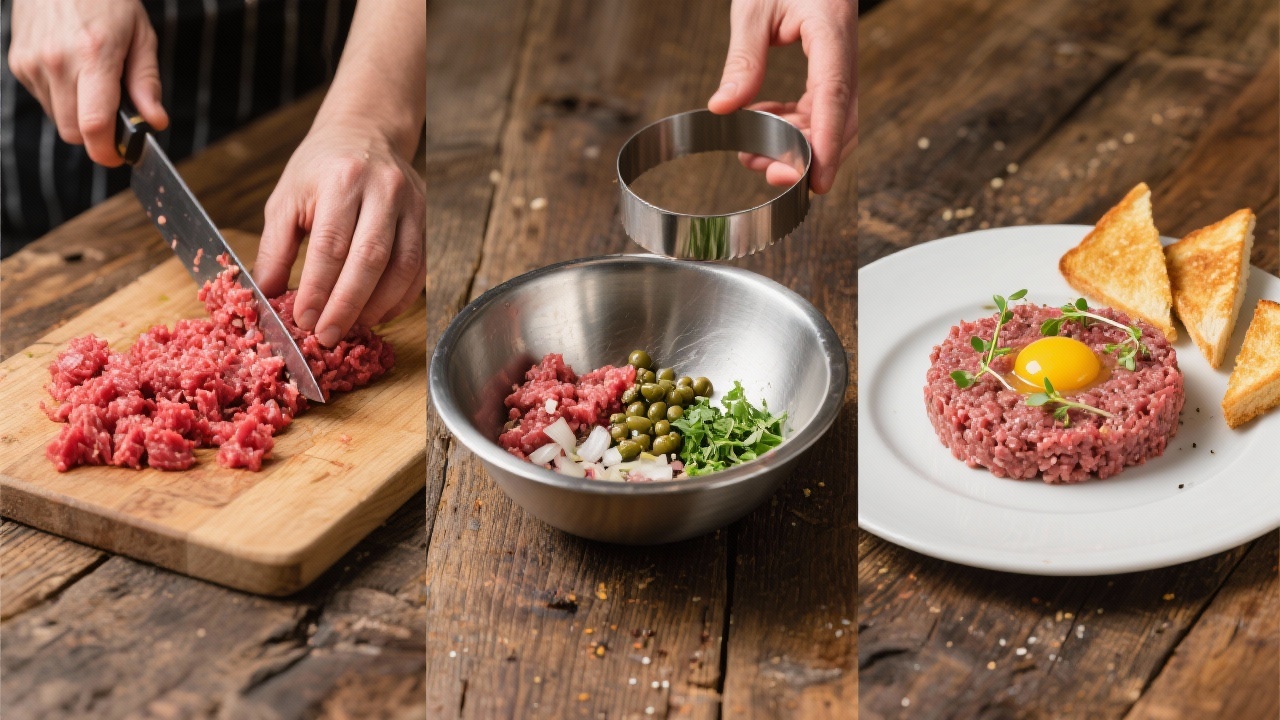 Tartare de Bœuf : La Recette Traditionnelle 2 Recette traditionnelle de tartare de bœuf maison : viande hachée finement, assaisonnée avec moutarde, échalote, câpres, herbes fraîches et jaune d'œuf, servie avec croûtons et salade verte