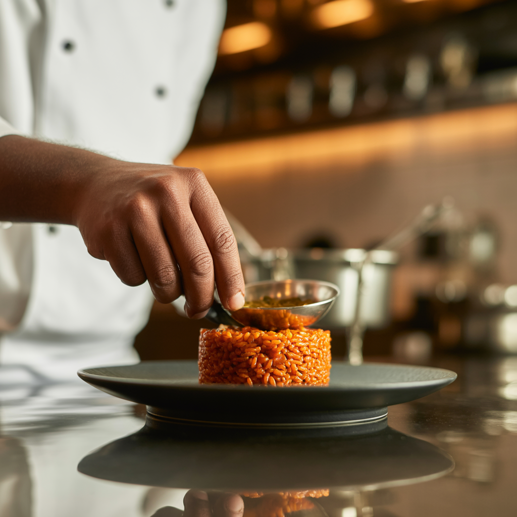 Chef carefully plating Jollof rice