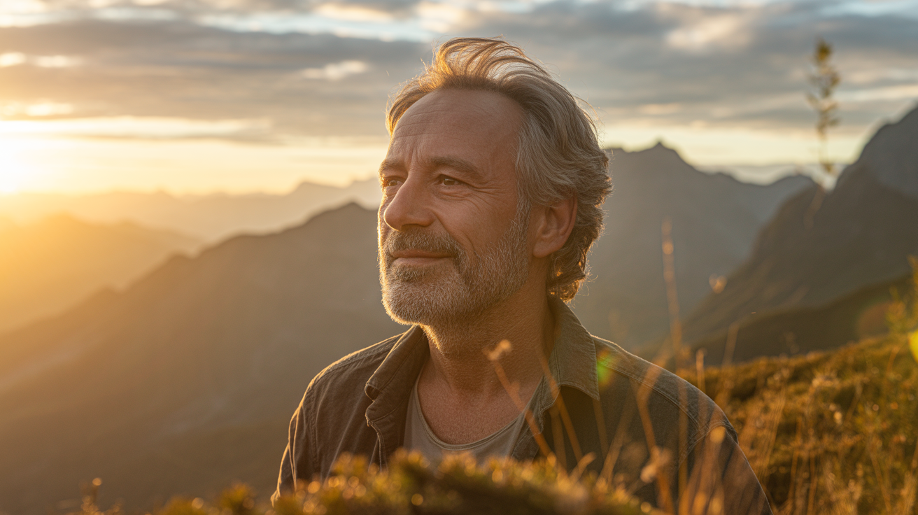 Stariji muškarac šezdesetih godina stoji mirno na planini pri zalasku sunca, svetlost ga obavija, izraz lica pokazuje duboki mir — simbol čoveka koji je prošao metanoju. Kundalini buđenje i metanoja — čovek u stanju unutrašnjeg mira i svesti nakon duhovne transformacije