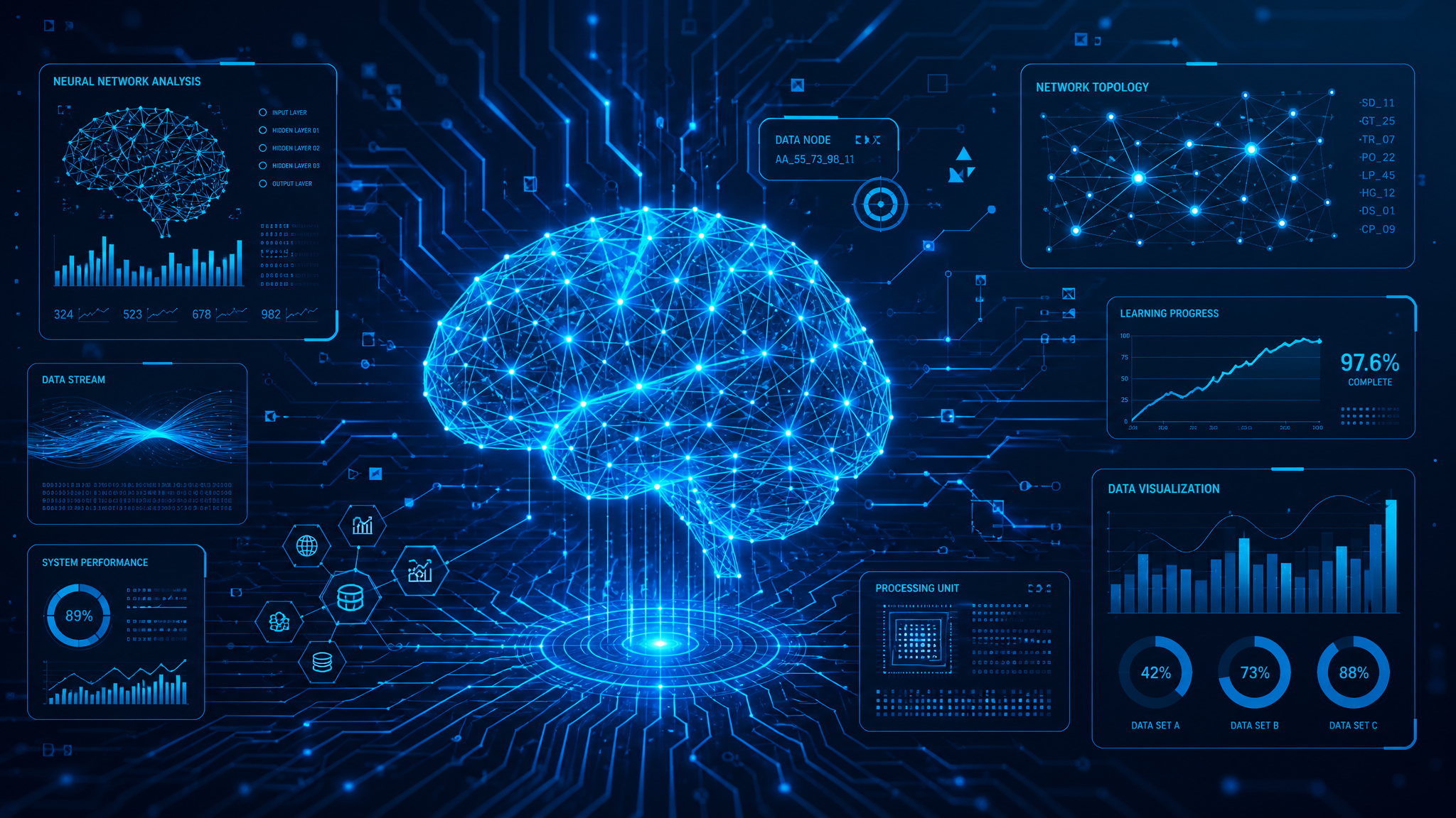 Abstract AI neural network with glowing blue patterns