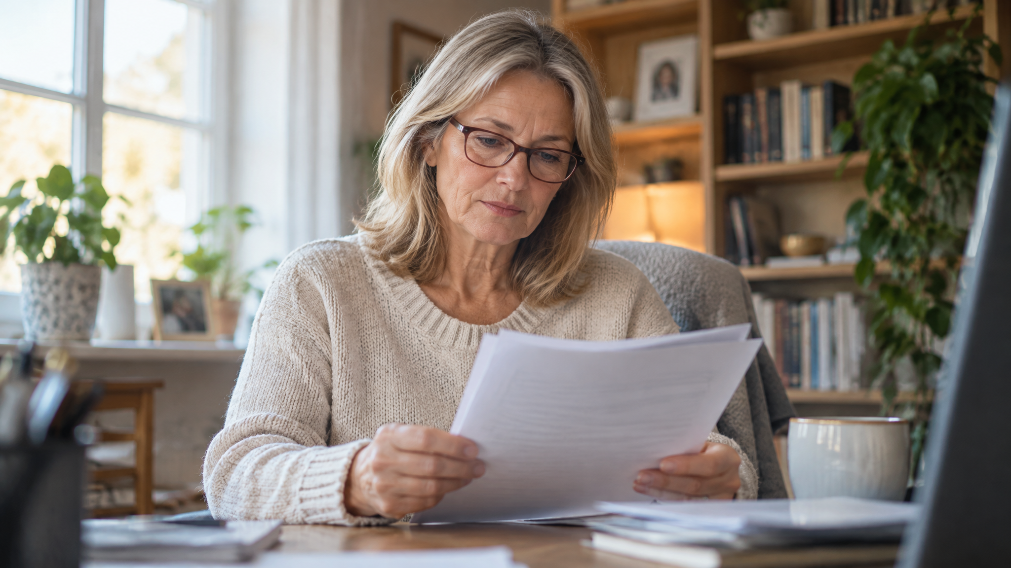 A woman veteran in reading glasses reviewing a printed form packet in her home office