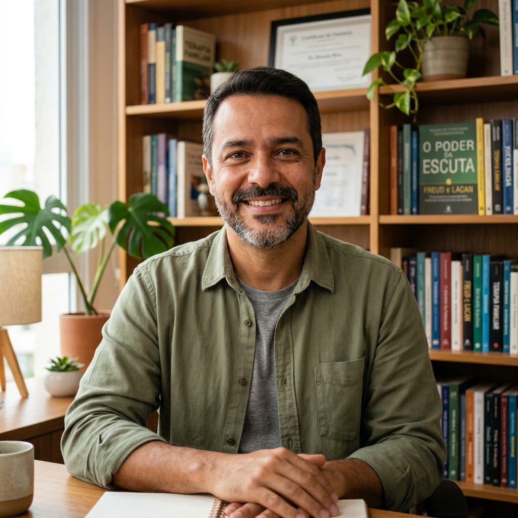 Psicólogo sorrindo em consultório acolhedor