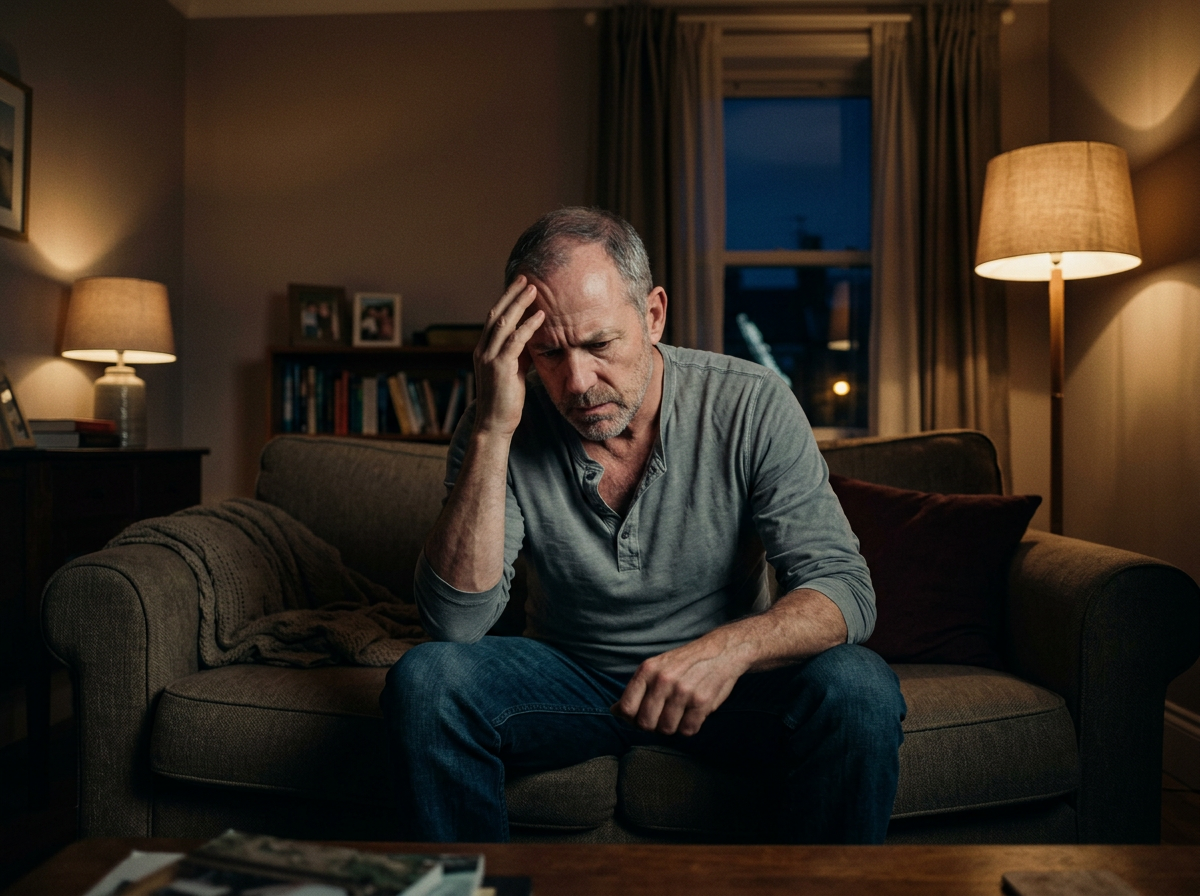 White male veteran in his 50s sitting on a couch at home leaning forward with his head in his hands showing stress connected to hypertension