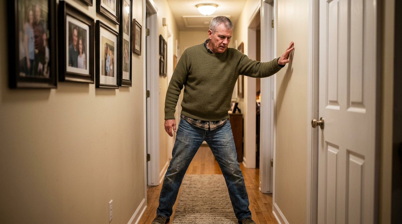 Photograph of a veteran walking with a visibly stiff, wide-based gait in a hallway, legs rigid, one hand out for balance