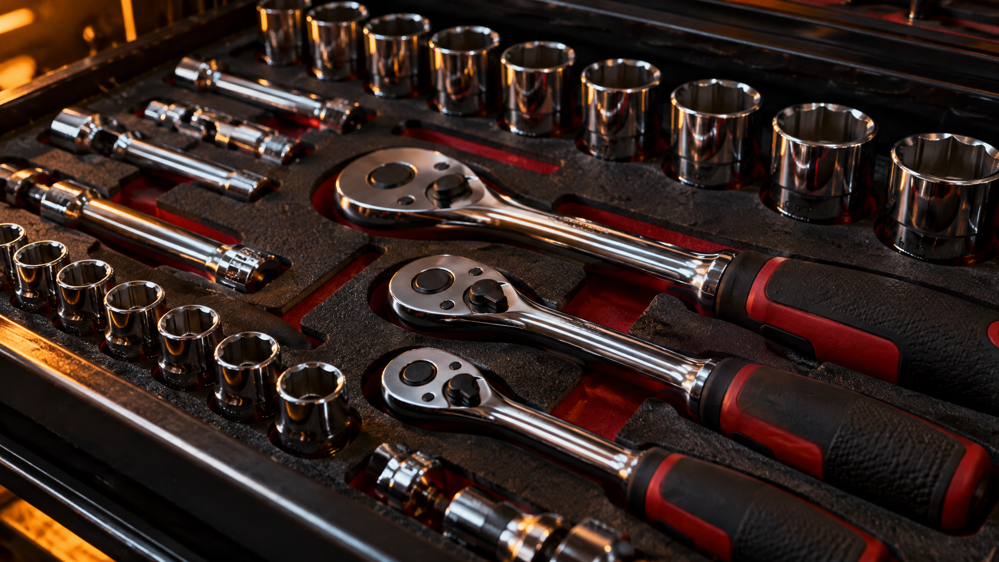 Chrome socket set and ratchets in a foam drawer
