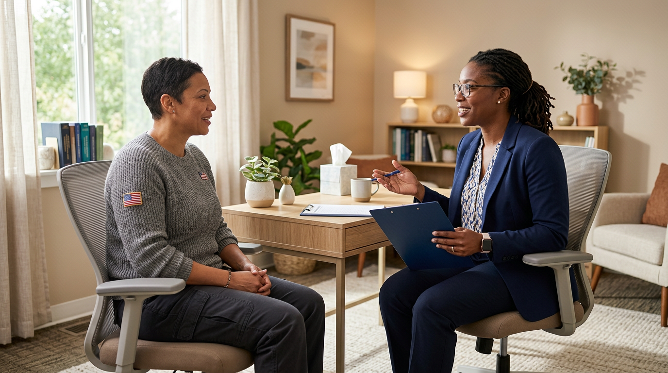 Black female therapist conducting a functional assessment with a woman veteran in a comfortable clinical setting