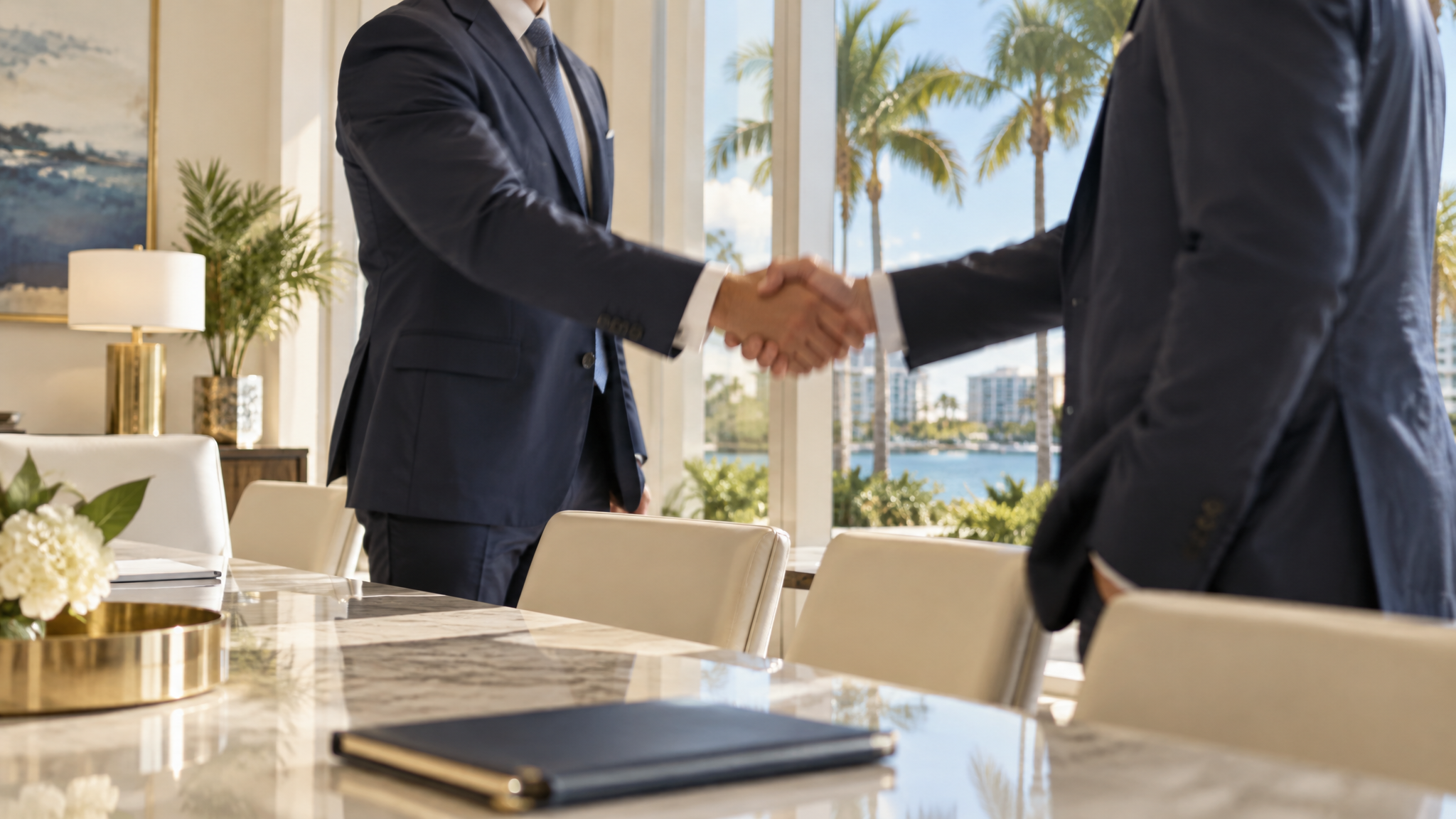 Buyer and seller shaking hands to close a business acquisition in South Florida