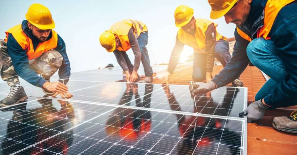 Equipo profesional de ingenieros solares de Lumenis Energy planificando proyecto de energía renovable para industria