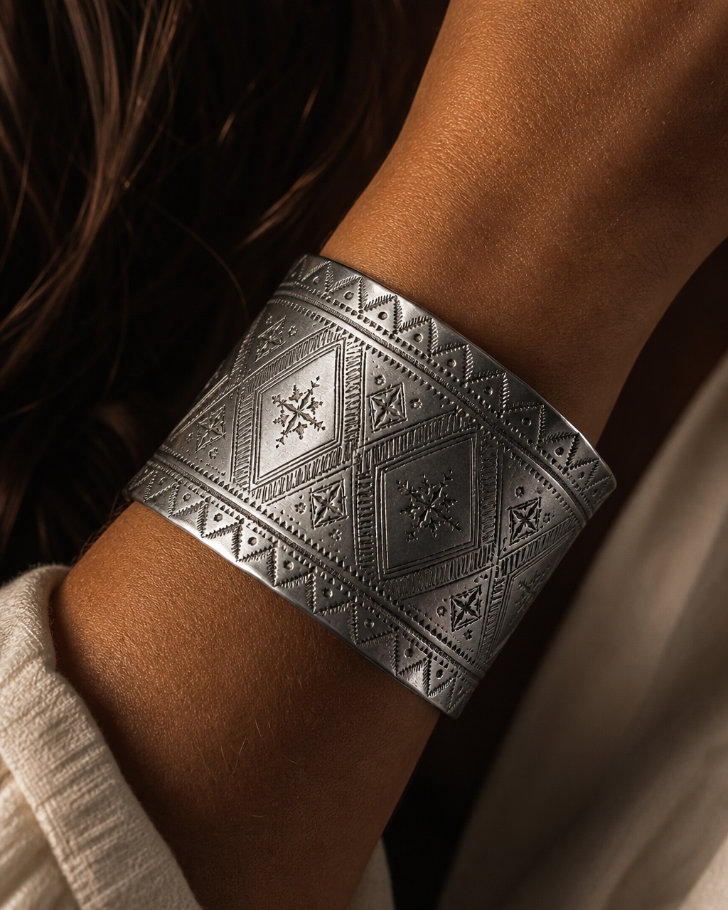 Close-up of the Fatima Cuff on a model's wrist