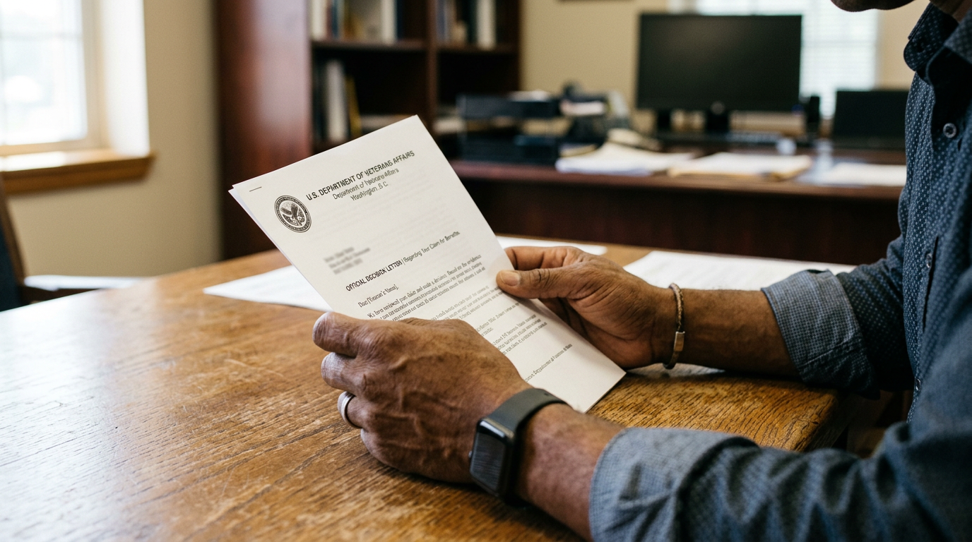 A veteran reviewing a VA decision letter at his desk, hands gripping the document