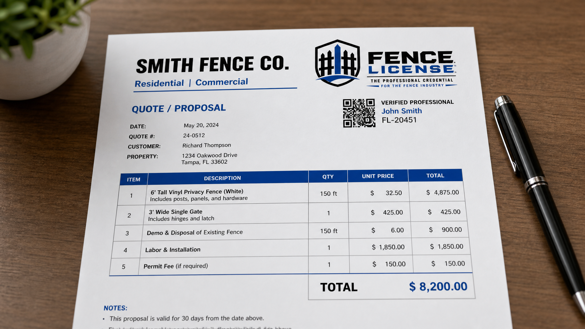 Fence License badge used on Quotes & Proposals