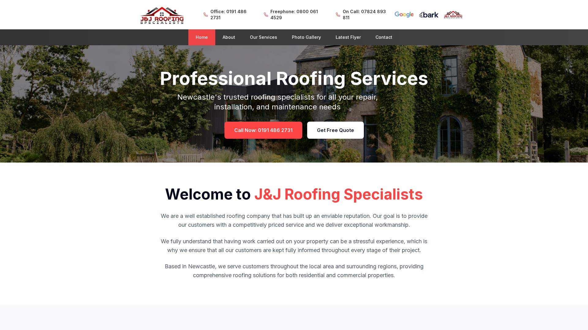 J&J Roofing Specialists website screenshot