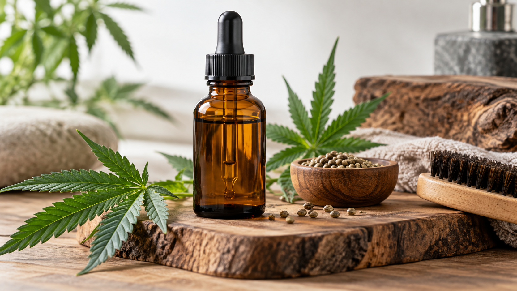 CBD beard oil bottle with hemp leaves for natural beard care