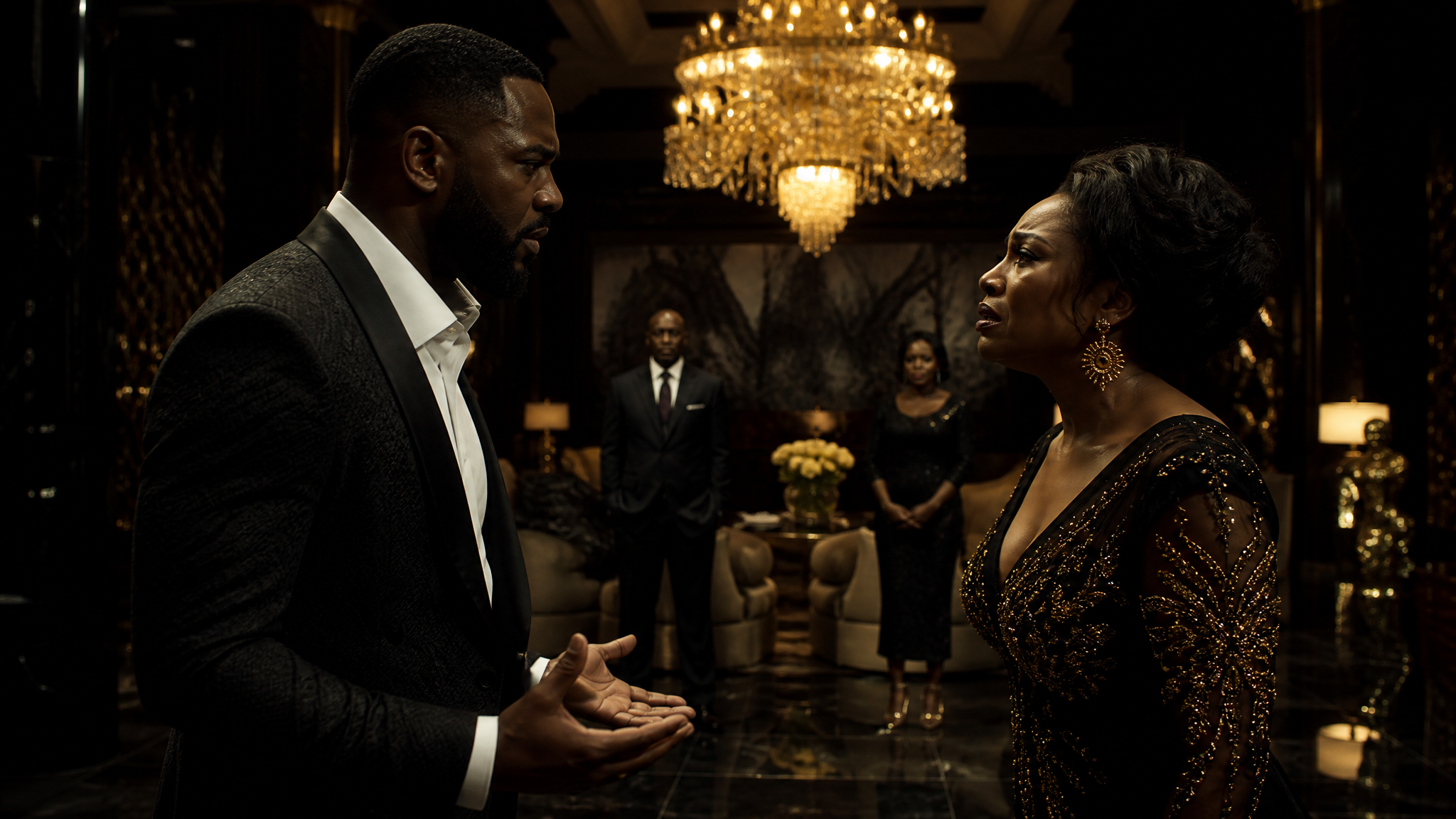 Emotional African drama movie scene in a luxury mansion