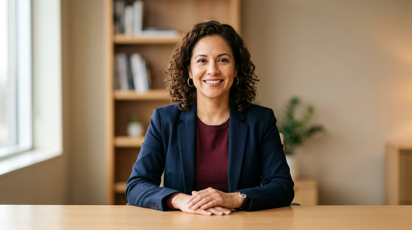 A confident Latina woman advocate in a navy blazer and burgundy blouse sitting at a clean desk in a warmly-lit professional office with a bookshelf behind her