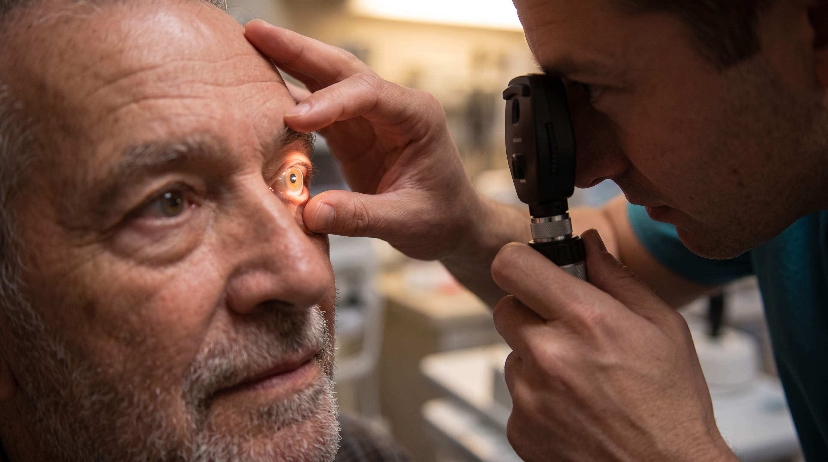 Close-up of a clinician using an ophthalmoscope to examine a veteran's dilated eye