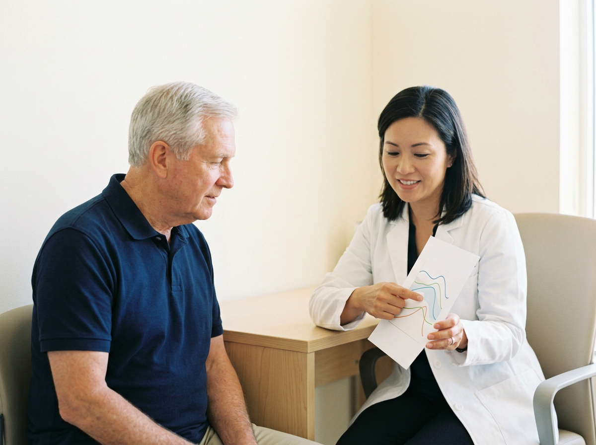 An audiologist explaining audiogram results to a veteran patient in a clinical setting